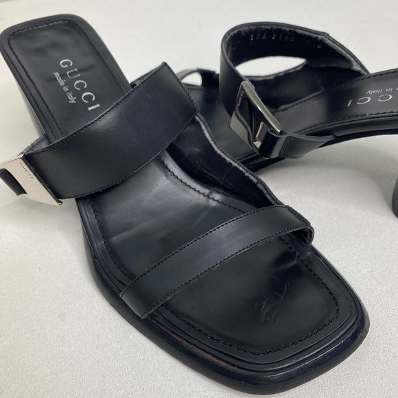 Gucci Black Leather Double Strap Block Heel Slides Sandals women’s size 7.5 - Picture 12 of 12